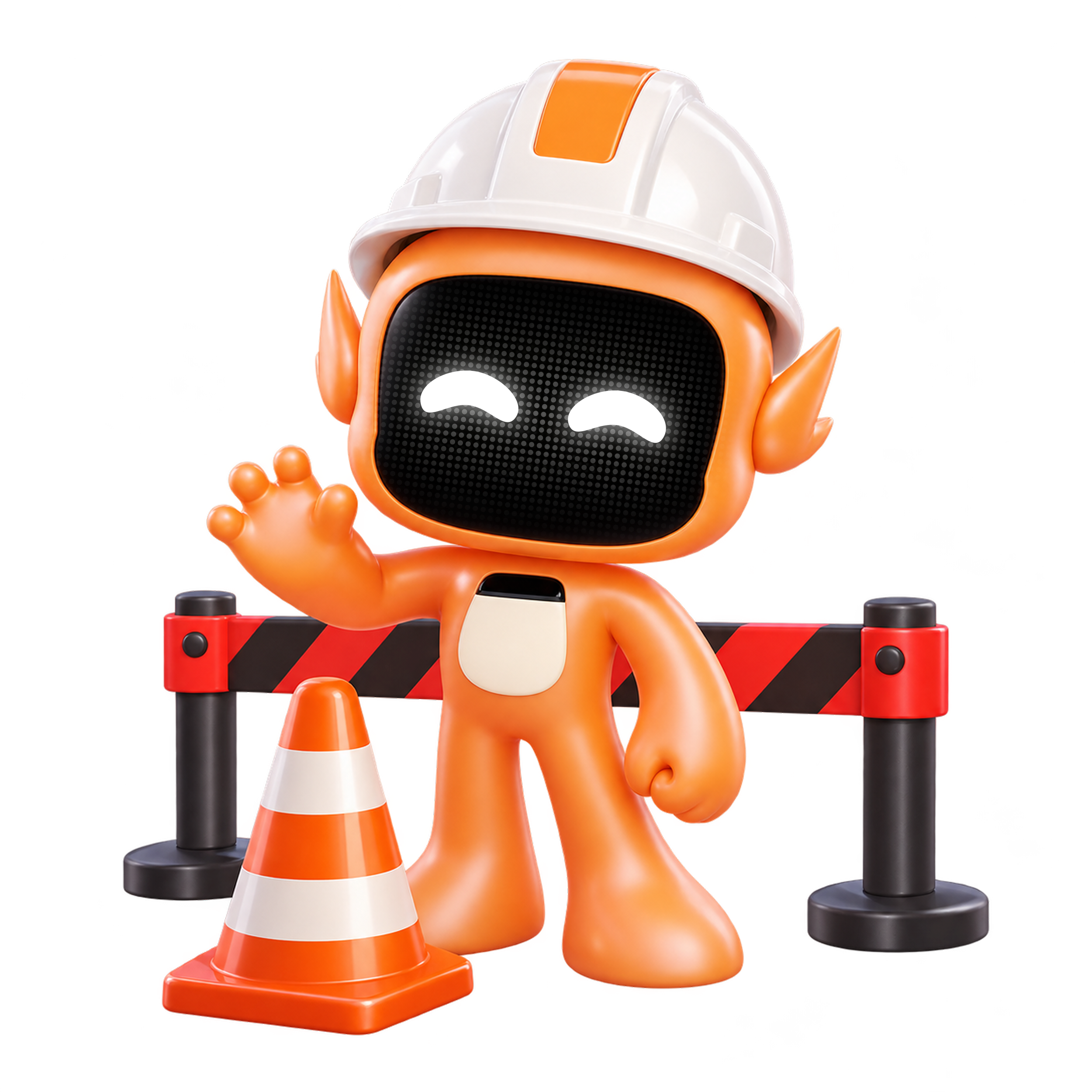 The orange 0x mascot wearing a construction helmet, waving beside a traffic cone and a red-and-black safety barrier.